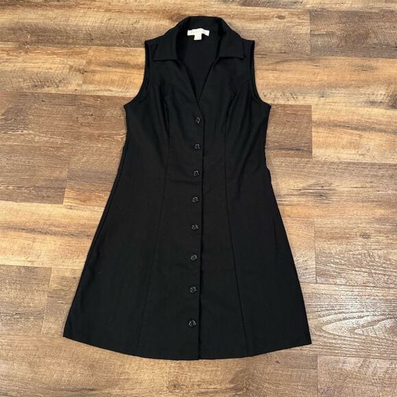 Minimalist Black Sleeveless Dress Duster Tunic Button Front Collar Lagenlook S - Picture 1 of 10